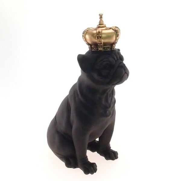 Enfeite Decorativo Cachorro Coroa Dourada Resina Preto 28x12