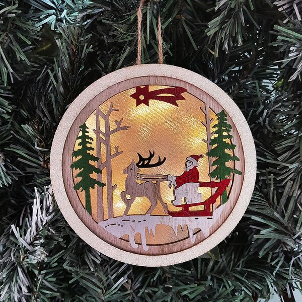 Enfeite Papai Noel Natal Luminária Pendente Em Madeira 13cm