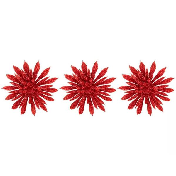 Enfeites Decorativos De Natal Flores Com Glitter Vermelho 3 P