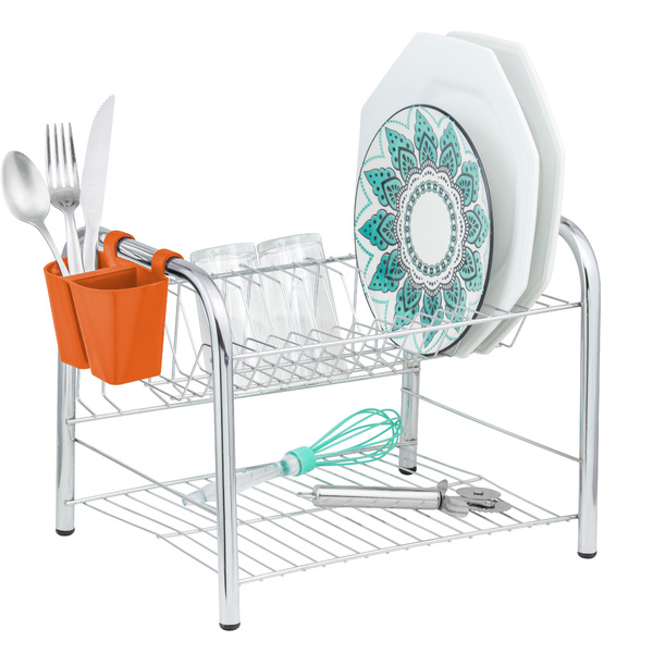 Escorredor Big Duplo C/ Porta Copo E Talher Laranja - Cód 062