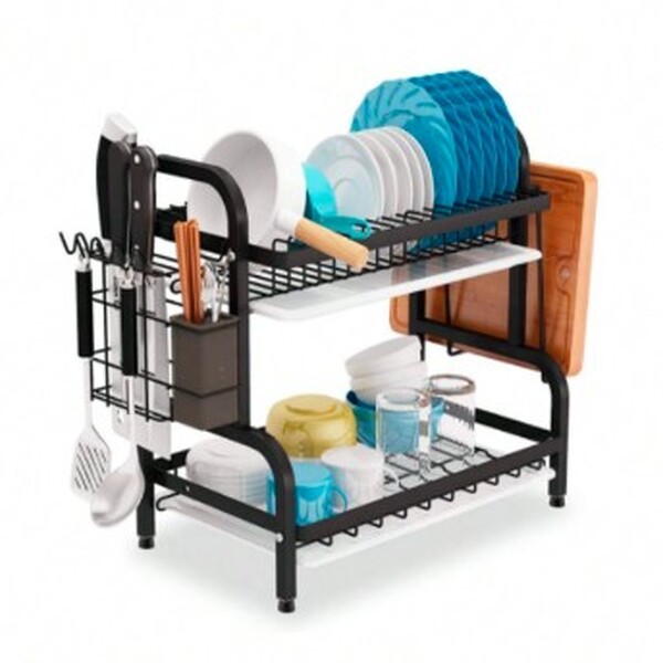 Escorredor De Louça 17 Pratos Duplo 2 Andares Preto Com Bande