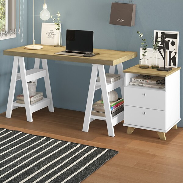 Escritório Completo 2 Gavetas Olmo/branco - Artany Móveis