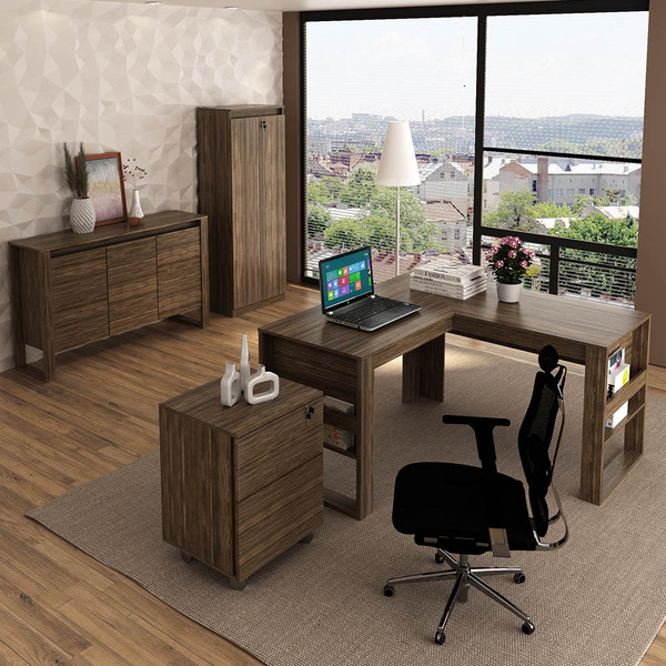 Escritório Completo Com Mesa Angular Armário Alto Balcão E Ga