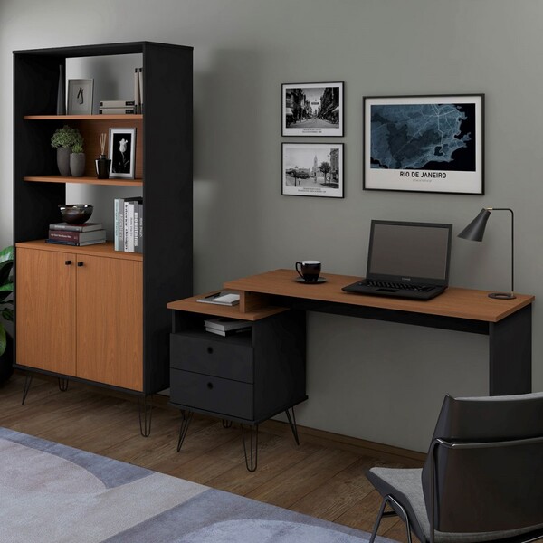 Escritório Completo Plus 2 Portas 2 Gavetas Freijó/preto - Ar