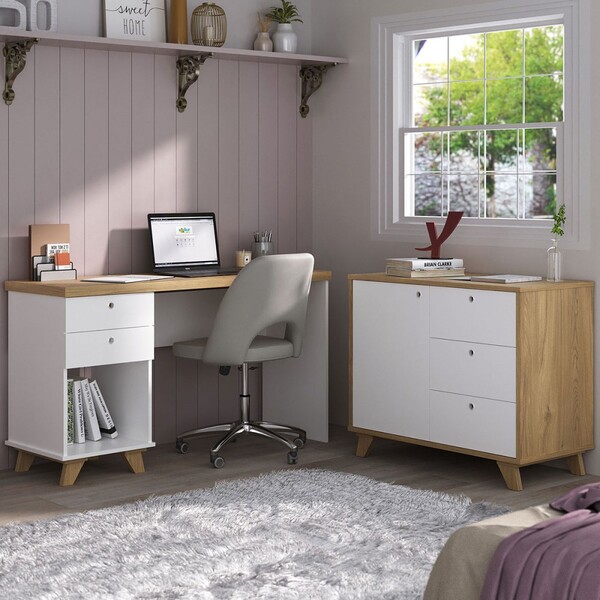 Escritório Completo Sky 1 Porta 5 Gavetas Olmo/branco - Artan