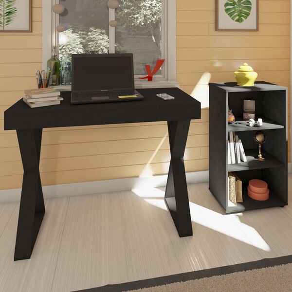 Escritório Completo Veneza 1 Gaveta 2 Prateleiras Preto - Art