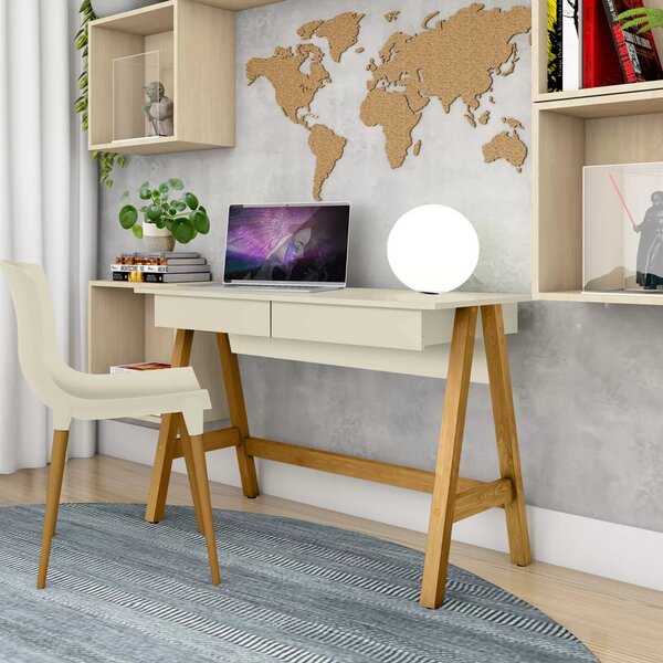 Escrivaninha 2 Gavetas 110cm Pés Em Old Off White E Amêndoa O