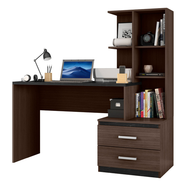 Escrivaninha 2 Gavetas Com Prateleiras Poli Cor Nogueira Poli