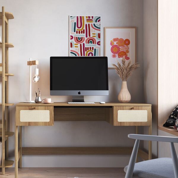 Escrivaninha Athena 2 Gavetas 139cm Palhinha Pé Madeira Boho