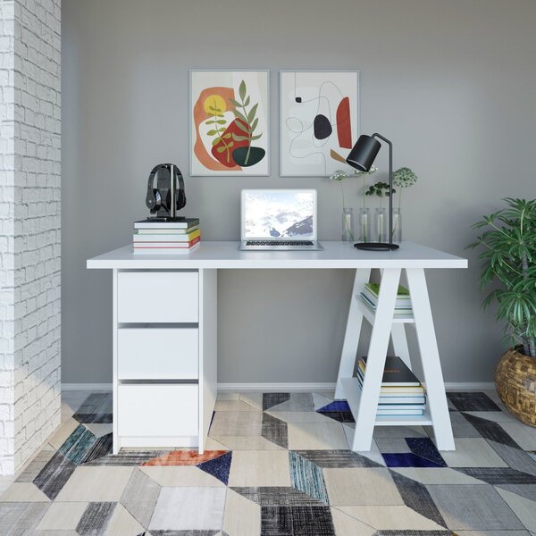 Escrivaninha Cavalete Talassa 136cm Com 3 Gavetas E 2 Pratele