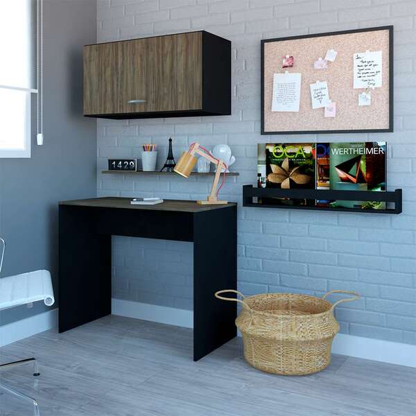 Escrivaninha Com Armário Aéreo E Nicho Patt Preto E Ameixa Ne
