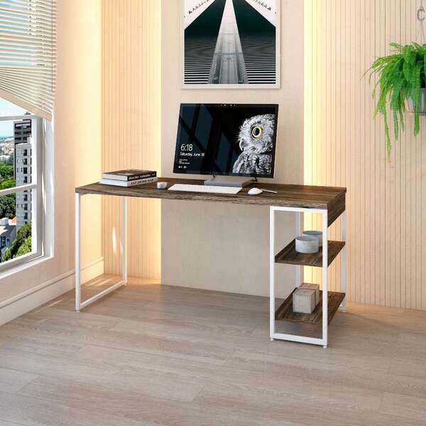 Escrivaninha Com Estante Studio Carvalho Dark E Branca 150x75