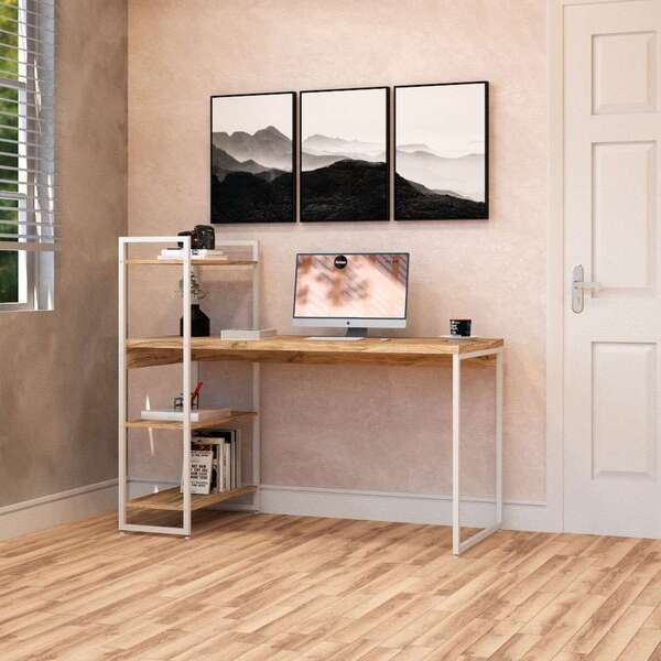 Escrivaninha Com Estante Studio Carvalho E Branca 135x115 Cm