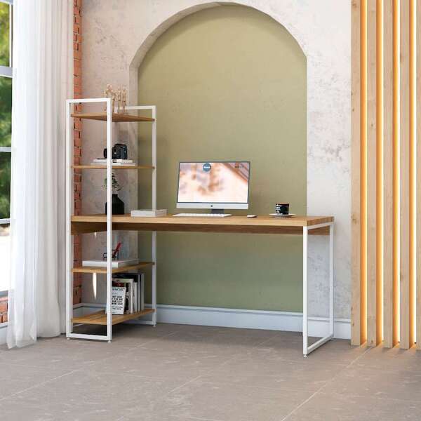 Escrivaninha Com Estante Studio Mel E Branca 150x147 Cm