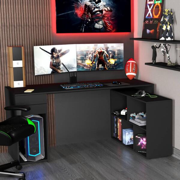 Escrivaninha Dakota Em L Com 2 Gavetas - Preto