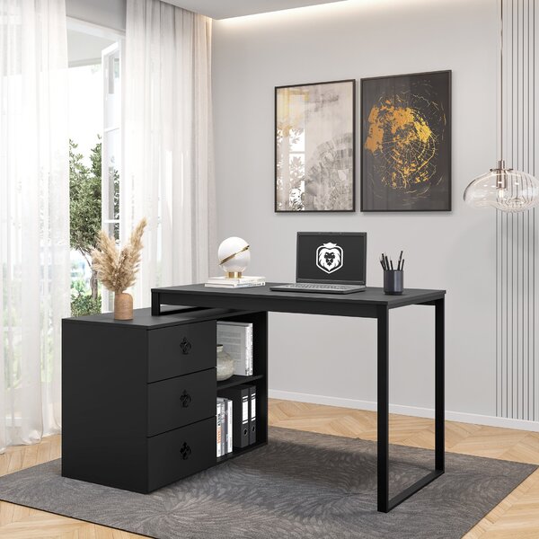 Escrivaninha Em L 156x90cm 3 Gavetas 2 Prateleiras Biro Yesca