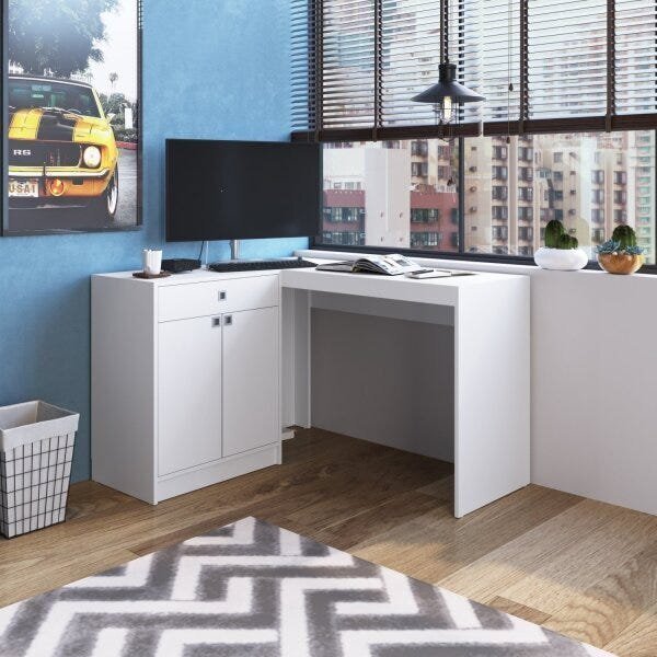 Escrivaninha Em L 1 Gaveta 2 Portas Placa E Ponto Branca