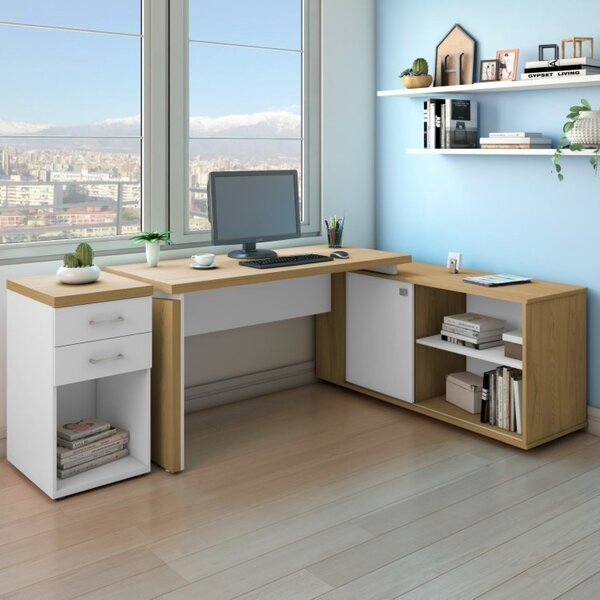 Escrivaninha Em L Diretor Em Tamburato 37mm Com Gaveteiro 2 G