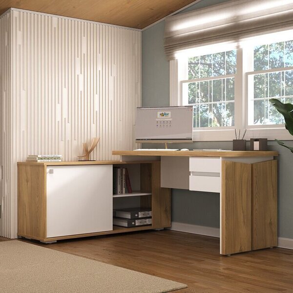 Escrivaninha Em L Mesa Escritório Com Porta De Correr E 2 Gav