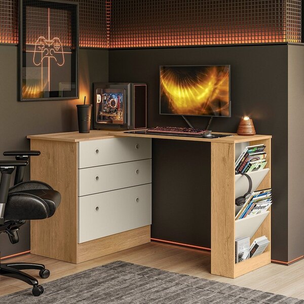 Escrivaninha Em L Retrátil Com Cômoda Módulos E Complementos