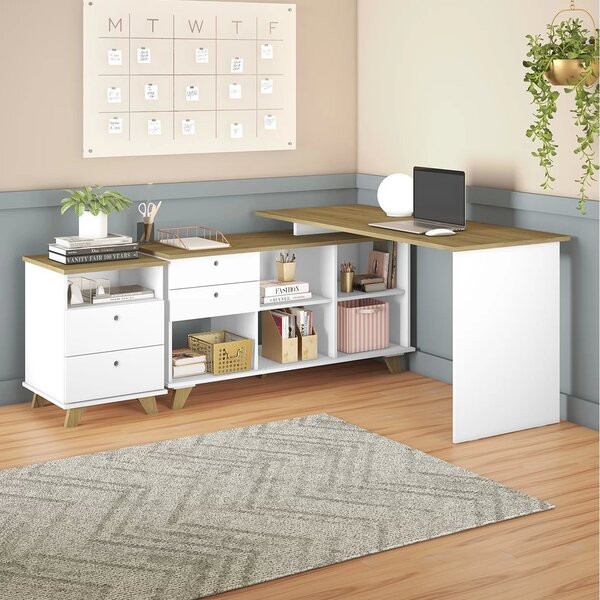 Escrivaninha Em L Retrô Mesa Escritório Gold Com Gaveteiro 1