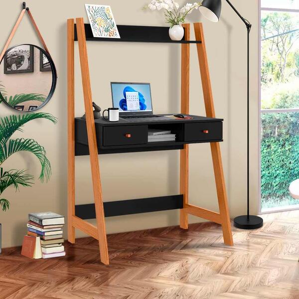 Escrivaninha Escada Com Estante Nature Preto Office Desk Mani