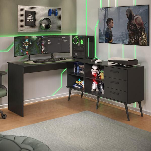 Escrivaninha Gamer Em L Para Computador 3 Gavetas Nexus M...