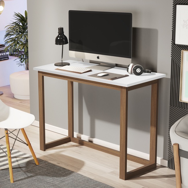 Escrivaninha Home Office Branca Compacta Quarto Pés De Madeira
