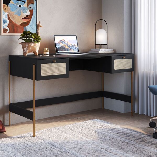 Escrivaninha Irene 2 Gavetas 139cm Palhinha Pés Metálicos Boh