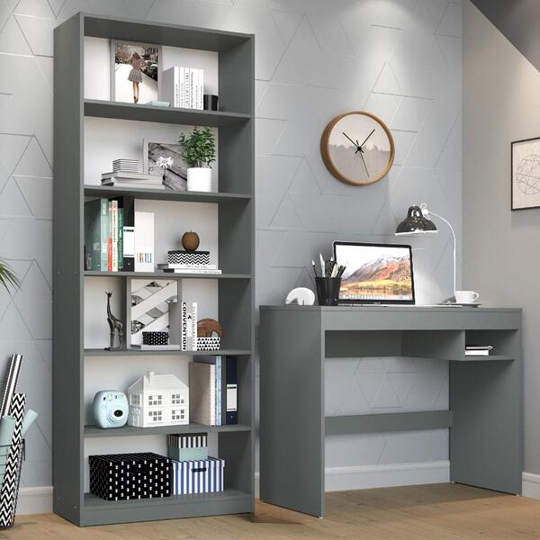 Escrivaninha Madesa Rubi + Estante Livreiro 6908 - Cinza