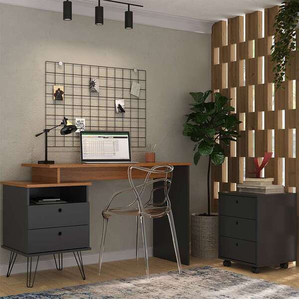 Escrivaninha Mafê Com Gaveteiro New 5 Gv Freijó E Preta