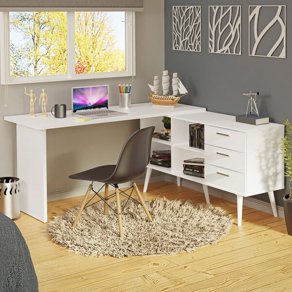 Escrivaninha Mesa De Escritório De Canto 3 Gavetas Branca Lis