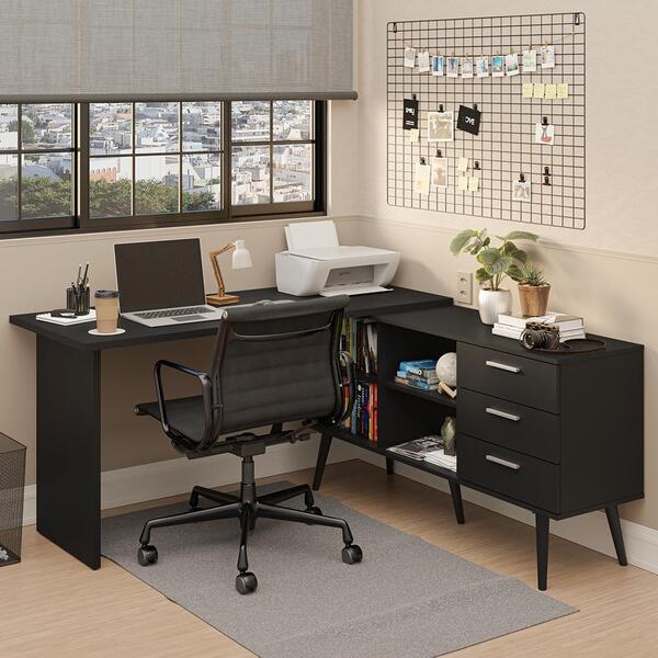 Escrivaninha Mesa De Escritório De Canto 3 Gavetas Preto Lisb