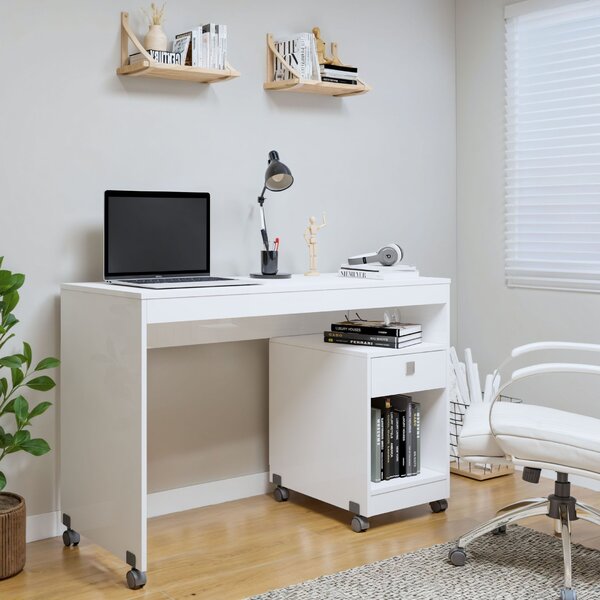 Escrivaninha Mesa Escritório 1 Gaveta Com Rodízios Giga Branco