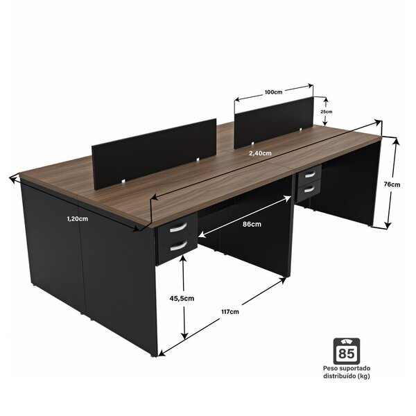 Escrivaninha Mesa Escritório 4 240cm Lugares Nogal/preto
