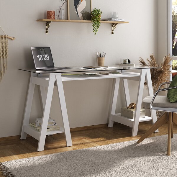 Escrivaninha Mesa Escritório Com Tampo De Vidro E Pés Em Cava