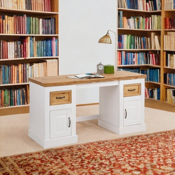 Escrivaninha Mesa Escritório De Madeira Maciça 2 Portas E 2 G