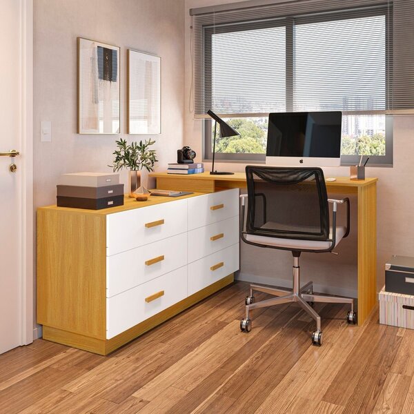 Escrivaninha Mesa Escritório Em L Com 6 Gavetas Cômoda Leonie