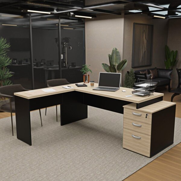 Escrivaninha Mesa Escritório Em L Diretor 3 Gavetas 190cm Dub