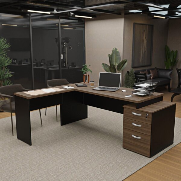 Escrivaninha Mesa Escritório Em L Diretor 3 Gavetas 190cm Nog