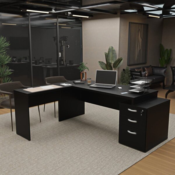 Escrivaninha Mesa Escritório Em L Diretor 3 Gavetas Preto