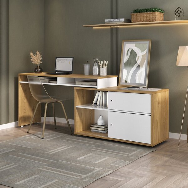 Escrivaninha Mesa Escritório Em L Ou Reta Flex 107cm Olmo E B