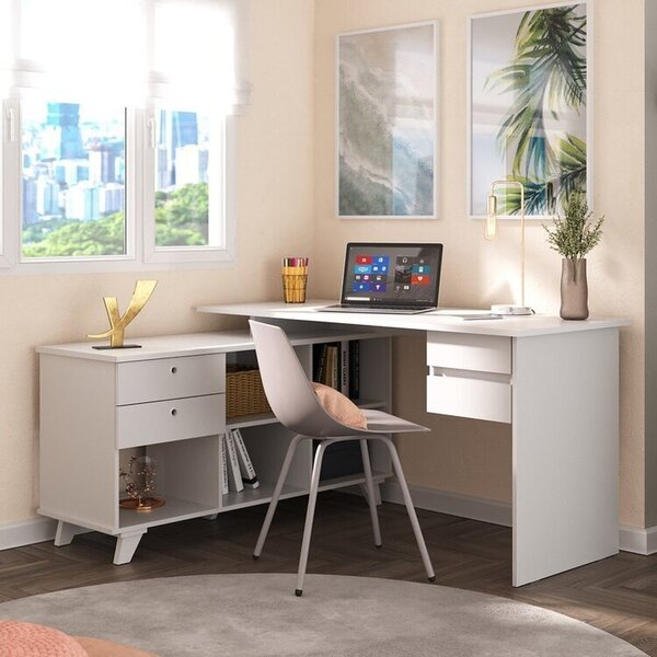 Escrivaninha Mesa Escritório Em L Retrô Gold Com 145cm Branco
