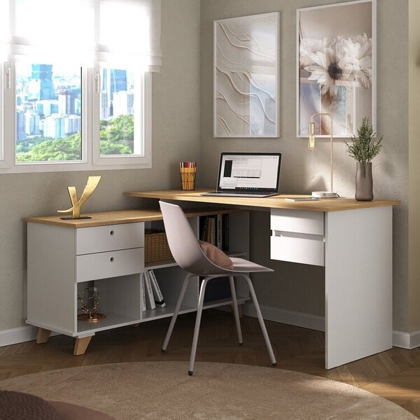 Escrivaninha Mesa Escritório Em L Retrô Gold Com 145cm Olmo E