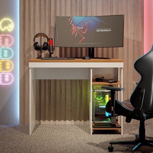 Escrivaninha Mesa Gamer 103cm Beta Branco/nature