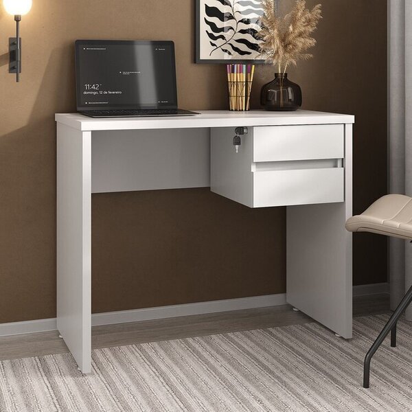 Escrivaninha Minimalista Com 2 Gavetas Com Chave Branco
