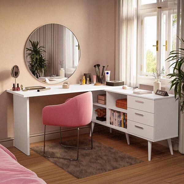 Escrivaninha Penteadeira De Canto 3 Gavetas Branco Madesa