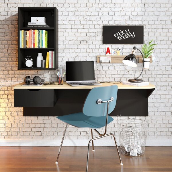 Escrivaninha Suspensa 1 Gaveta 2 Prateleiras Tech  Preto Fosc