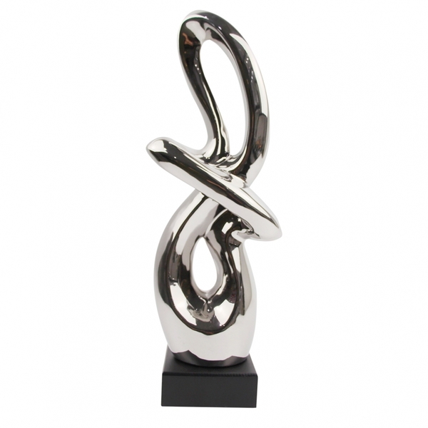 Escultura Decorativa Em Cerâmica Com Base De Madeira - Prata