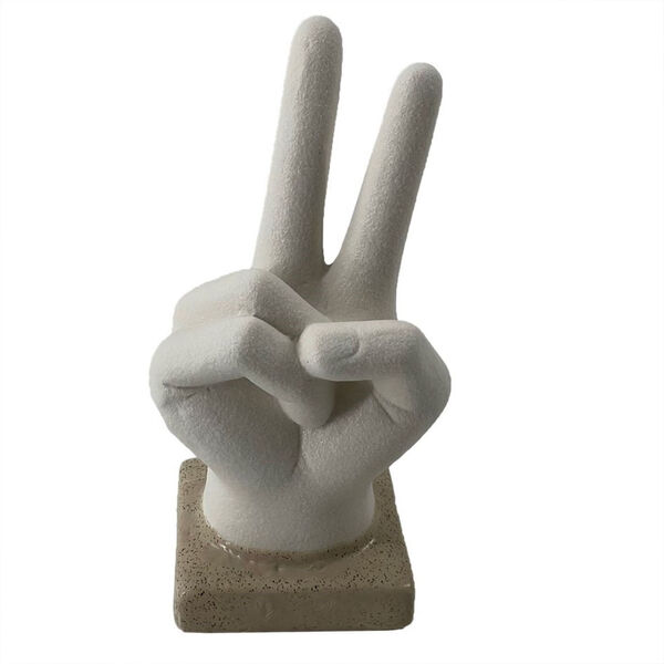 Escultura Decorativa Mão Paz E Amor - Branca E Base Bege
